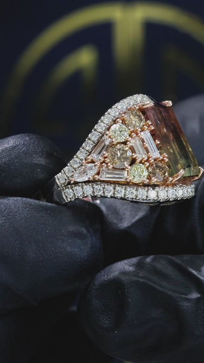 Natural Tourmaline & Diamond Halo Cluster Ring 14K White Gold | 4.61 CT houston jeweler