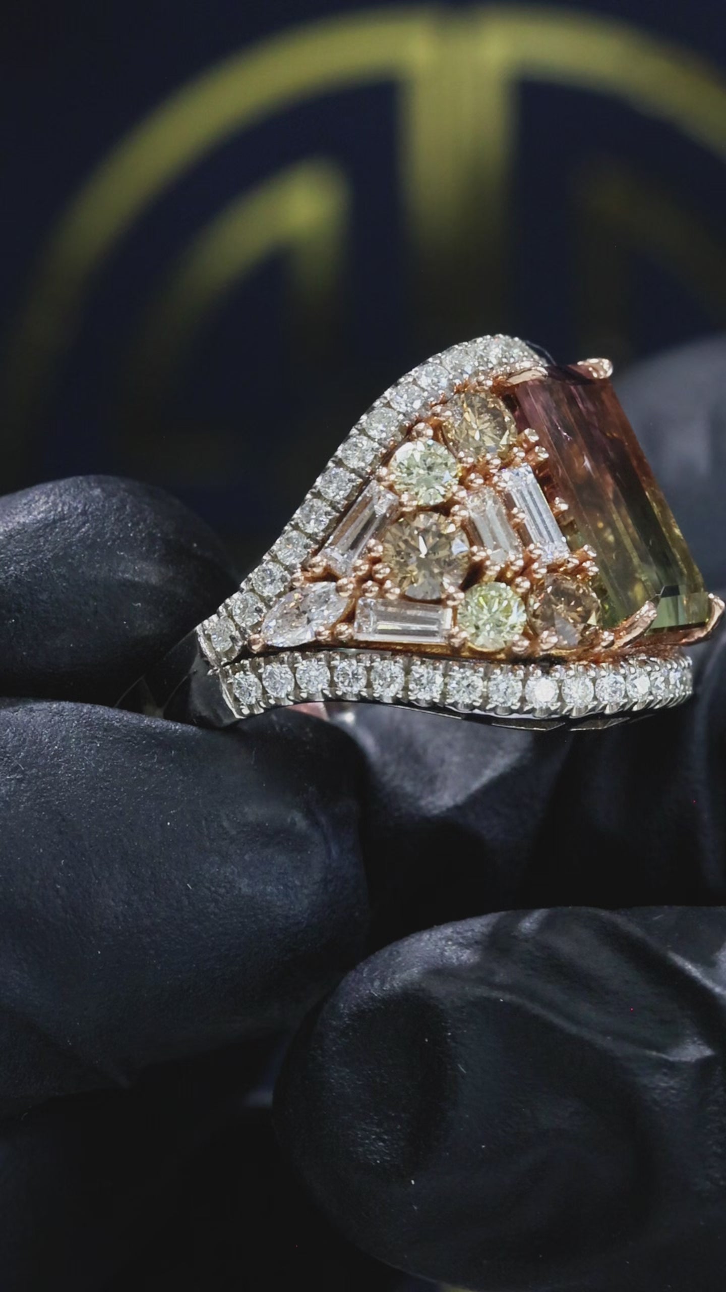 Natural Tourmaline & Diamond Halo Cluster Ring 14K White Gold | 4.61 CT houston jeweler