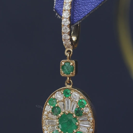 14k yellow gold emerald diamond halo drop earrings with baguette diamonds luxury Houston fine jewelry