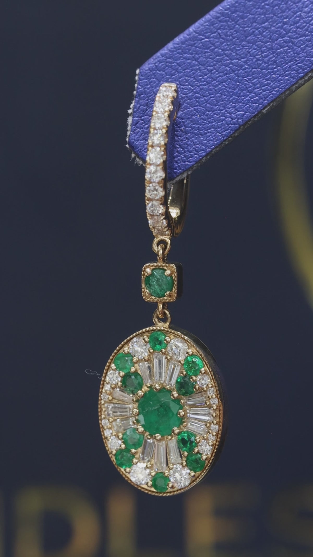 14k yellow gold emerald diamond halo drop earrings with baguette diamonds luxury Houston fine jewelry