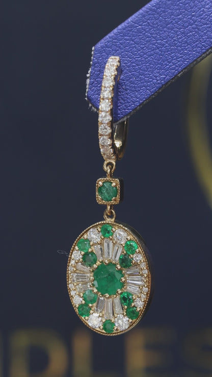 14k yellow gold emerald diamond halo drop earrings with baguette diamonds luxury Houston fine jewelry