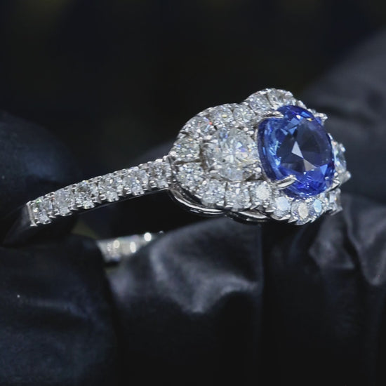 Natural Sapphire Three-Stone Diamond Halo Ring 14K White Gold | 0.90 CT houston jeweler
