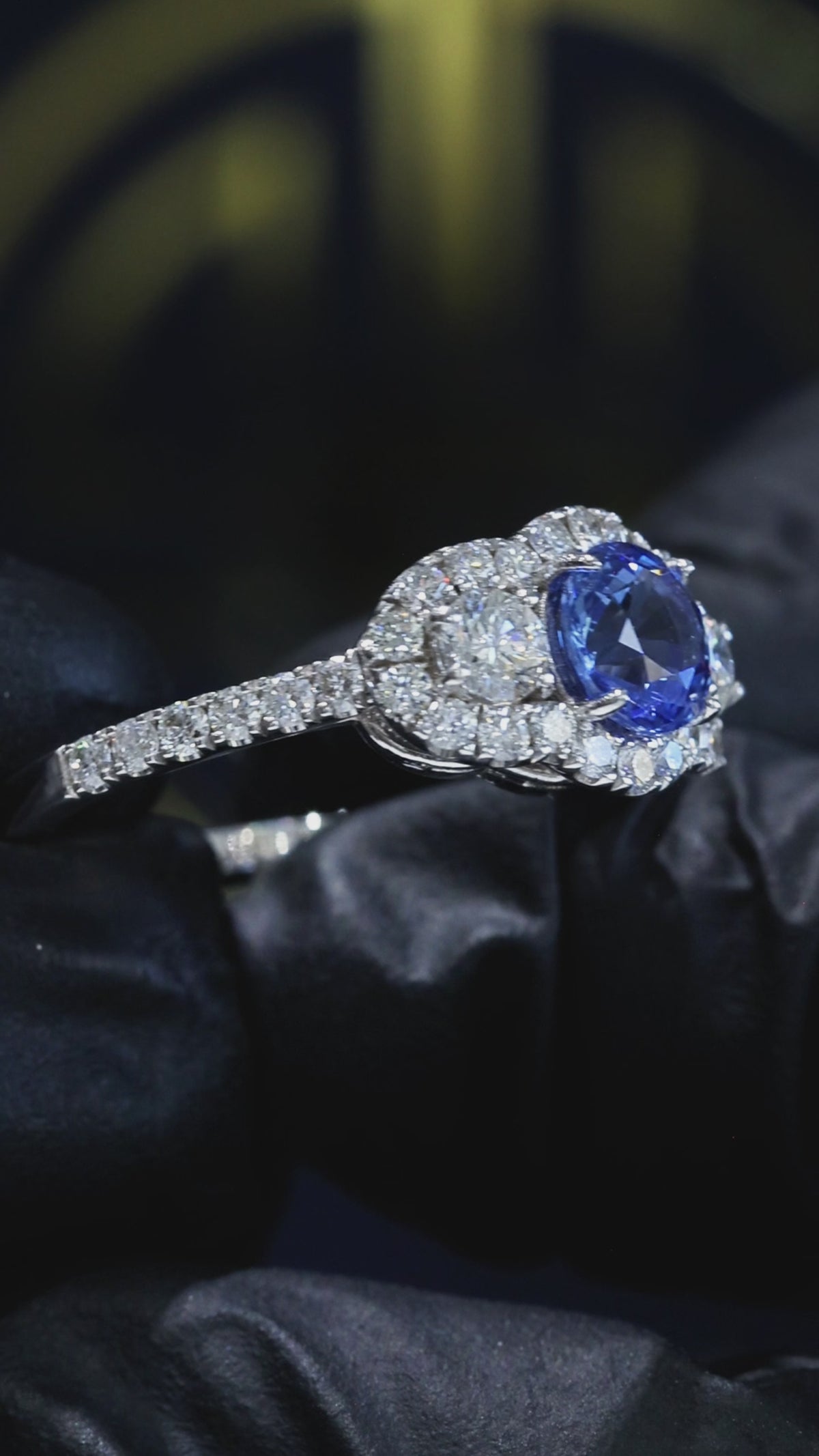 Natural Sapphire Three-Stone Diamond Halo Ring 14K White Gold | 0.90 CT houston jeweler