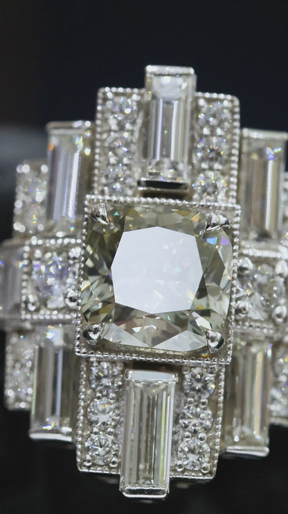 GIA Certified Natural Cushion Cut Diamond Engagement Ring with Baguette Halo in White Gold | Art Deco Statement Design