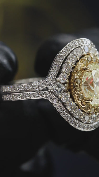 GIA Certified Natural Yellow Diamond Halo Engagement Ring in White Gold | Double Halo Luxury Design