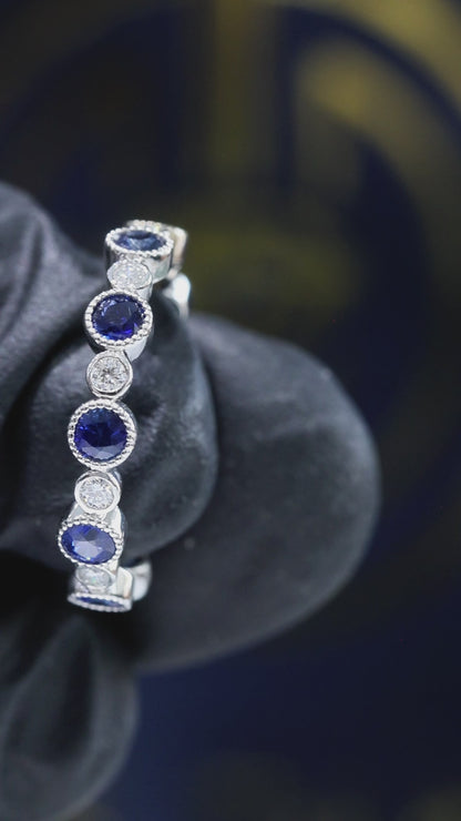 Natural Blue Sapphire & Diamond Eternity Band Ring in 14K White Gold | Bezel Milgrain Set