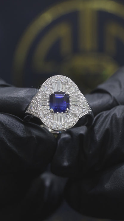 Sapphire & Diamond Halo Ring in White Gold | 1.25 CT Sapphire + 1.12 CTW Diamonds