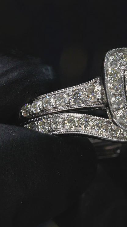 Natural Diamond Cushion Halo Engagement Ring with Split Shank in White Gold | Luxury Bridal Set Design