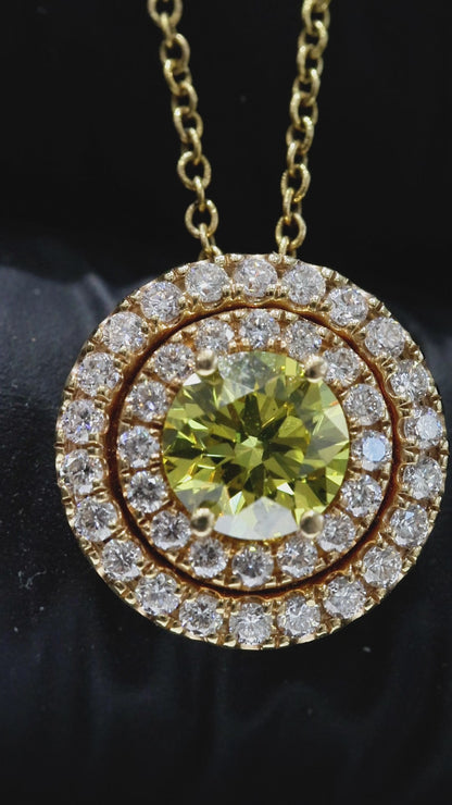 Fancy Yellow Diamond Halo Necklace in Yellow Gold | Floral Openwork Design