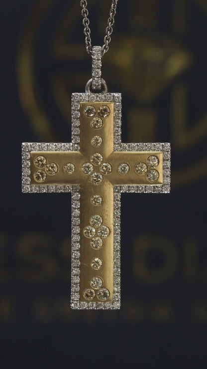 Natural Fancy Yellow & White Diamond Cross Necklace in Two-Tone Gold | Halo Frame Design