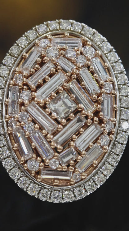 Natural Diamond Oval Dome Ring with Baguette Mosaic in Two-Tone Gold | Bold Statement Design