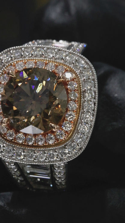 GIA Certified Natural Cognac Diamond Halo Engagement Ring with Two-Tone Pavé Band in White & Rose Gold | Luxury Vintage-Inspired Design