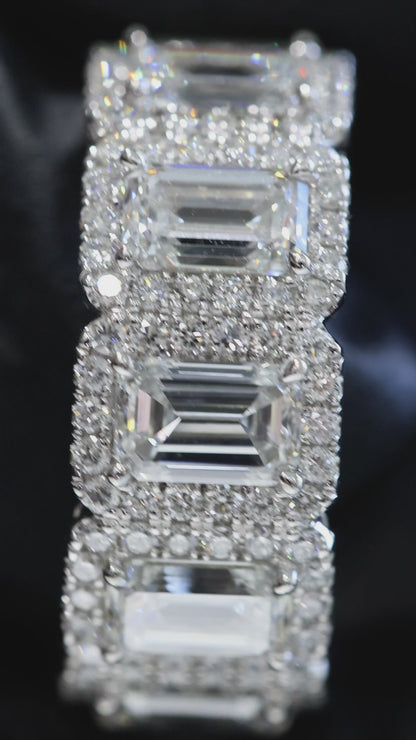 Emerald-Cut Lab-Grown Diamond Eternity Band with Halo Accents in White Gold | Luxury Prong-Set Design