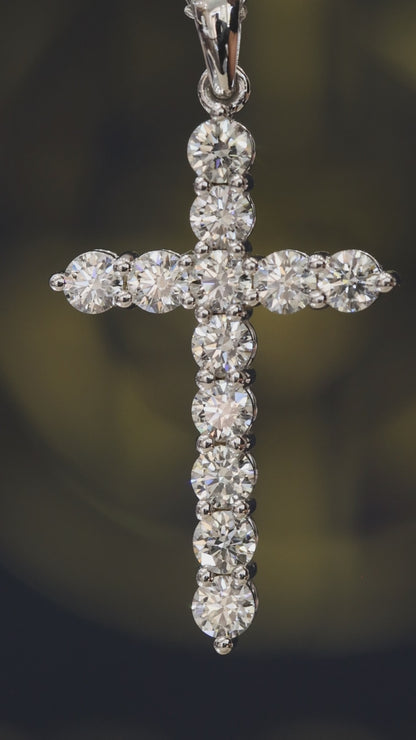 Natural Diamond Cross Pendant Necklace in 14K White Gold | Classic Prong Setting
