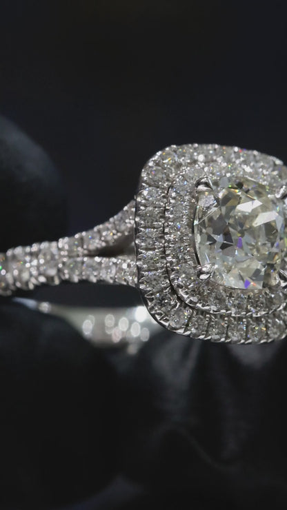GIA Certified Natural Round Diamond Engagement Ring with Double Halo Pavé Band in 18K White Gold | Classic Luxury Design