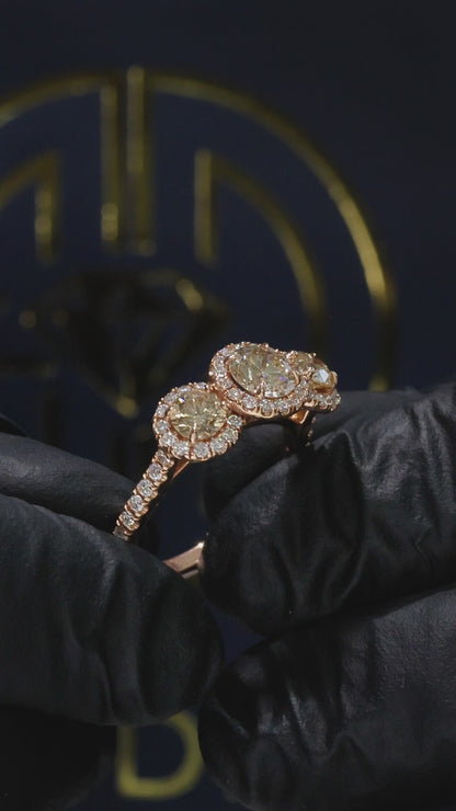 Natural Champagne Diamond Three-Stone Halo Engagement Ring in 14K Rose Gold | Vintage-Inspired Design