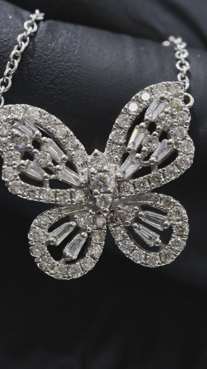 Natural Diamond Butterfly Necklace in White Gold | Pavé & Baguette Design
