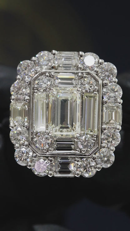 GIA Certified Natural Emerald-Cut Diamond Double Halo Engagement Ring in White Gold | Luxury Step-Cut Design