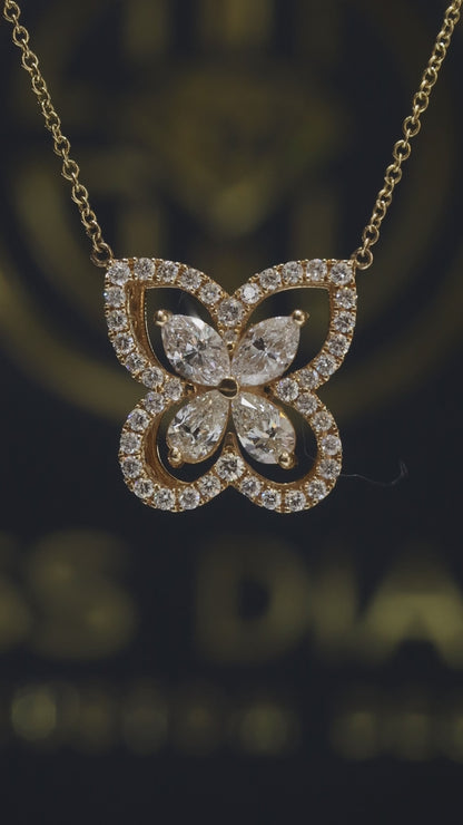 Natural Diamond Butterfly Necklace in Yellow Gold | Double Halo Design