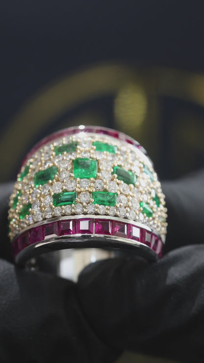 Emerald & Diamond Pavé Band with Ruby Channel Accents in Two-Tone Gold | Luxury Statement Ring
