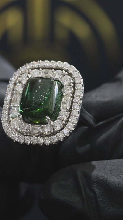 Emerald-Cut Green Tourmaline Halo Ring in White Gold | Double Diamond Halo & Baguette Accents