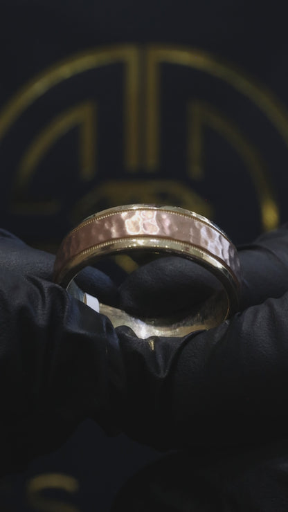 Men’s Hammered Two-Tone Wedding Band in Yellow & Rose Gold