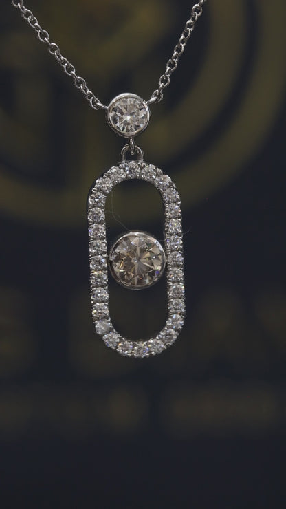 Natural Diamond Floating Oval Link Necklace in White Gold | Modern Halo Drop Design