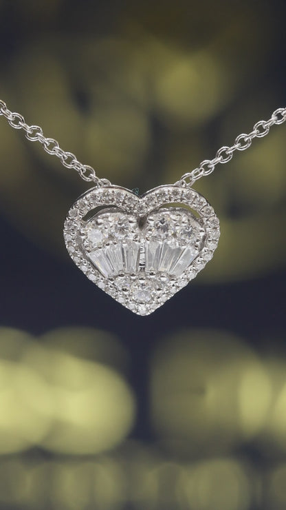 Natural Diamond Heart Pendant Necklace in White Gold | Baguette & Round Diamond Cluster Design