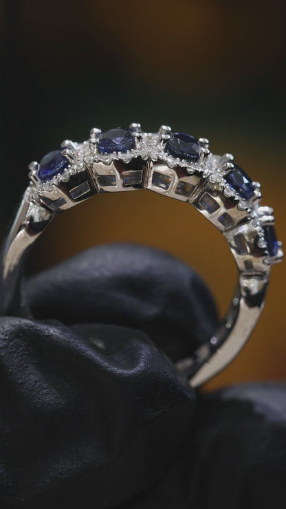 Blue Sapphire Diamond Half Eternity Band in White Gold | 1.09 CTW