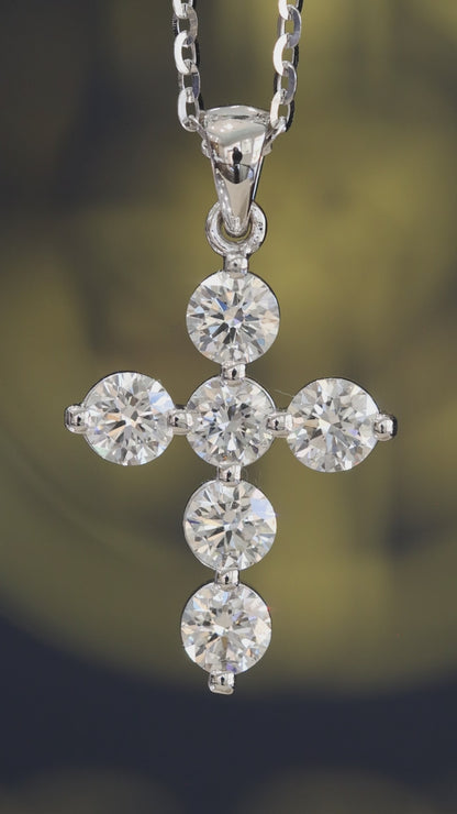 Natural Round Brilliant Diamond Cross Necklace in 14K White Gold | Classic Prong Set Design