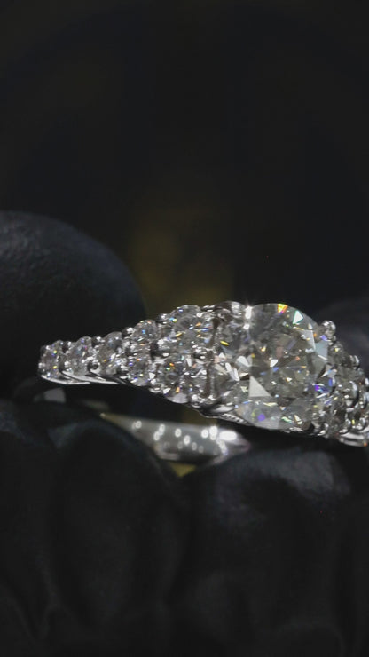 GIA Certified Natural Round Brilliant Diamond Engagement Ring with Pavé Cathedral Band in White Gold | Vintage Leaf Gallery Design