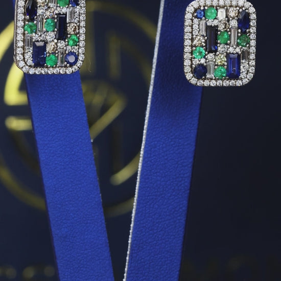 Natural multi gemstone diamond halo drop earrings in 14K white gold with 2.80CT G-H SI diamonds and 2.30CT colored gemstones – Houston fine jewelry by Endless Diamonds.