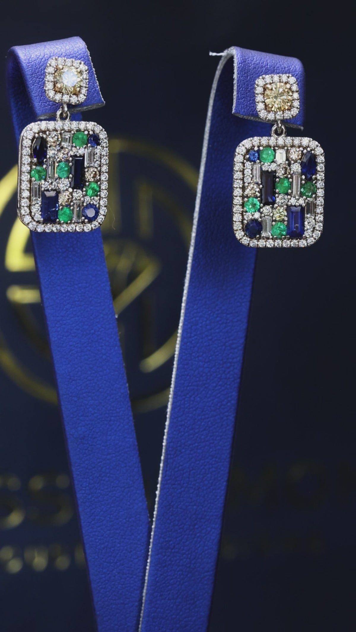 Natural multi gemstone diamond halo drop earrings in 14K white gold with 2.80CT G-H SI diamonds and 2.30CT colored gemstones – Houston fine jewelry by Endless Diamonds.