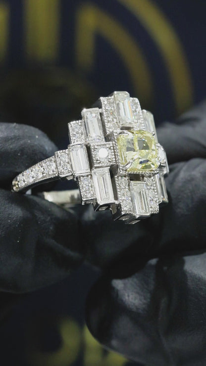 GIA Certified Natural Fancy Yellow Cushion Diamond Engagement Ring with Baguette Halo in White Gold | Art Deco Statement Design