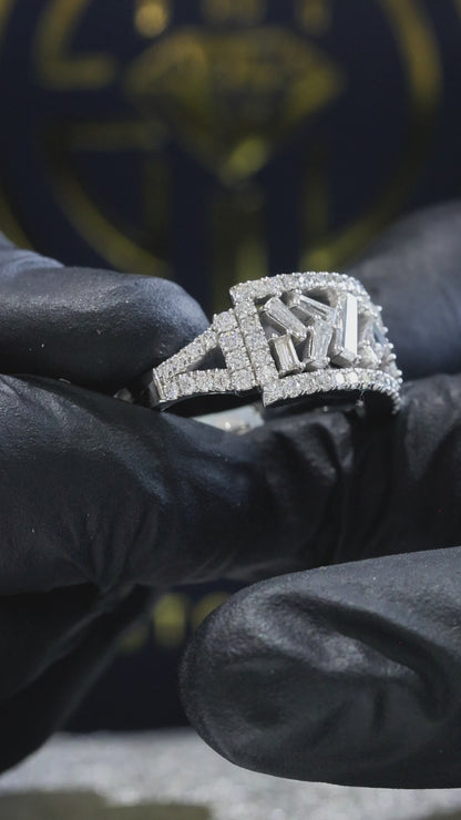Natural Diamond Baguette Mosaic Wide Band Ring in White Gold | Modern Architectural Design