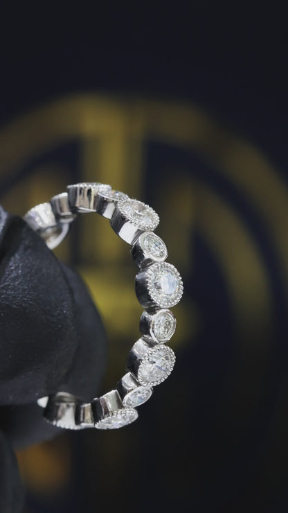 Natural Diamond Alternating Bezel Eternity Band in 14K White Gold | Vintage Milgrain Design