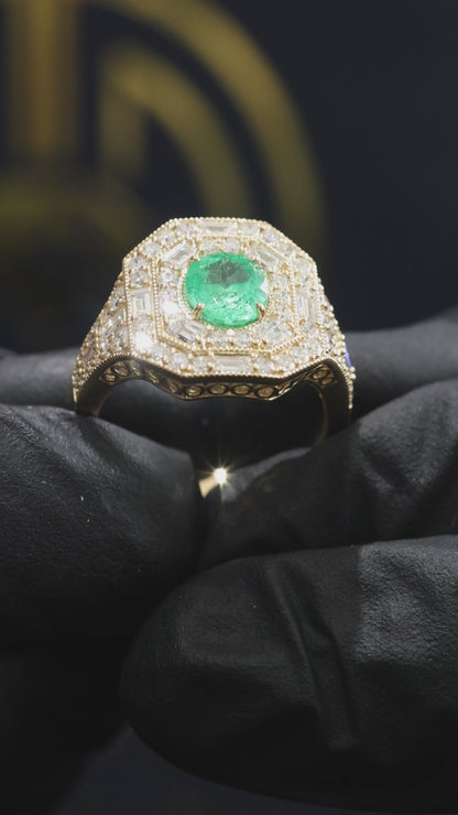 Vintage Octagonal Emerald Halo Ring in Yellow Gold | Baguette & Round Diamond Double Halo