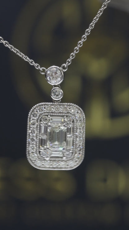 Natural Diamond Emerald Halo Pendant Necklace in White Gold | Bezel & Pavé Frame