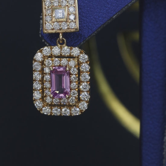 14k yellow gold pink tourmaline emerald cut halo drop earrings with diamond halo luxury Houston fine jewelry