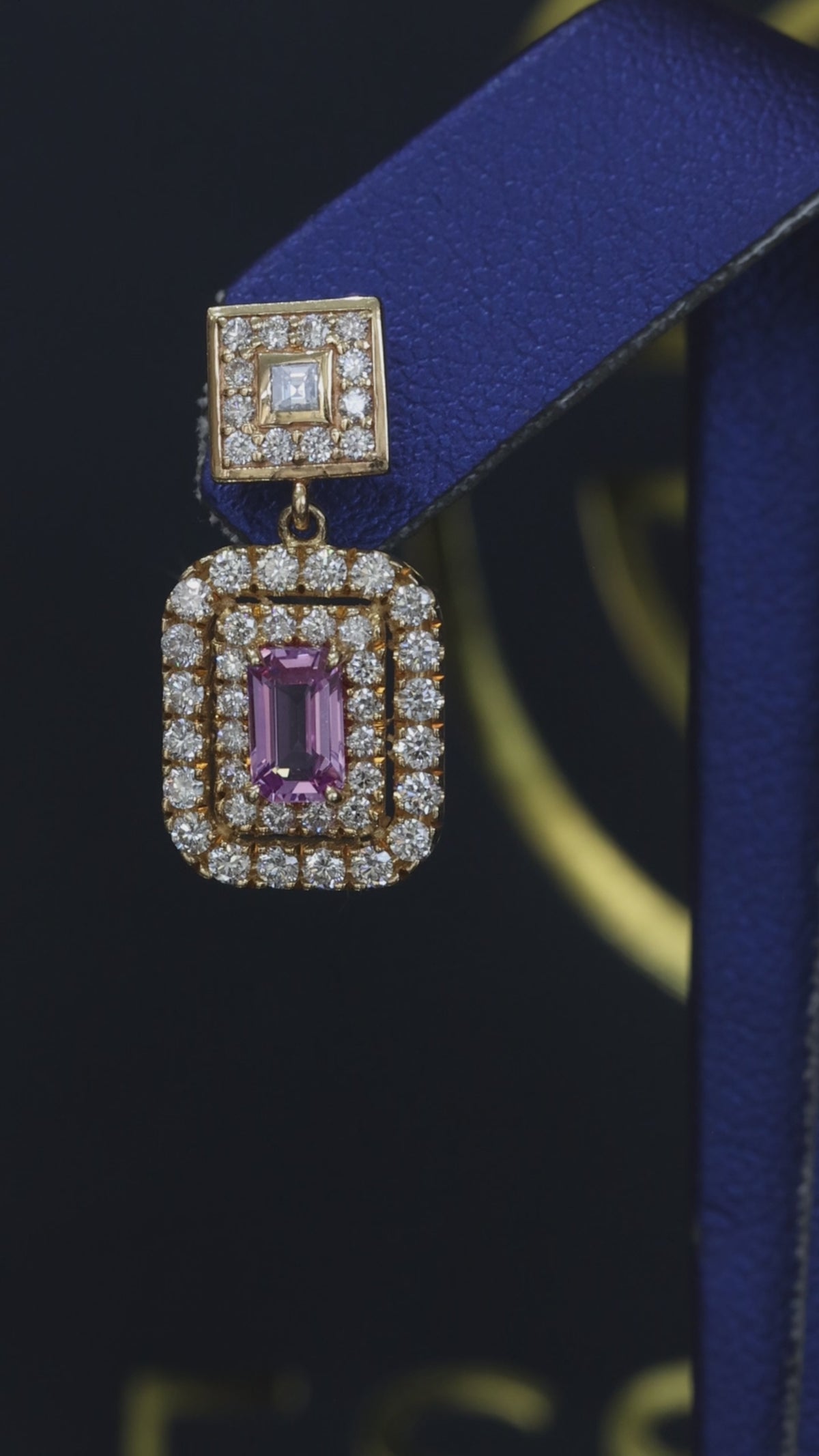14k yellow gold pink tourmaline emerald cut halo drop earrings with diamond halo luxury Houston fine jewelry