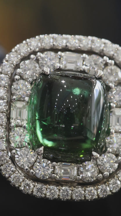 Emerald-Cut Green Tourmaline Halo Ring in White Gold | Double Diamond Halo & Baguette Accents