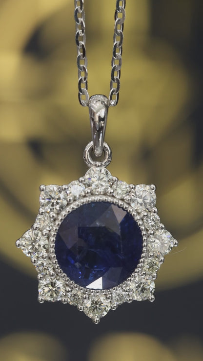 Natural Round Blue Sapphire & Diamond Halo Pendant Necklace in 14K White Gold | Classic Round Brilliant Accent