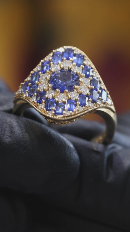 Blue Sapphire Diamond Statement Ring in Yellow Gold | 2.50 CTW