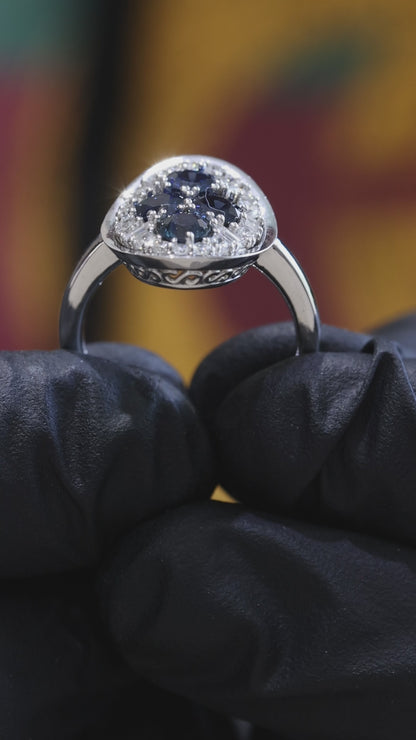 Sapphire & Diamond Halo Cluster Ring in 14K White Gold | 1.50 CT TW