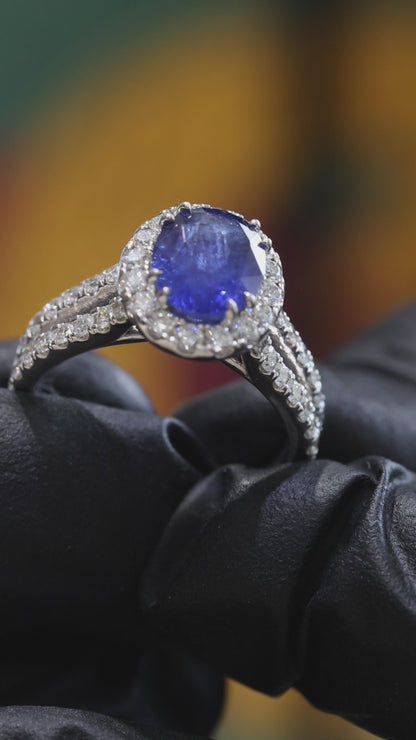Oval Blue Sapphire Halo Ring with Diamond Split Shank | 3.65 CTW