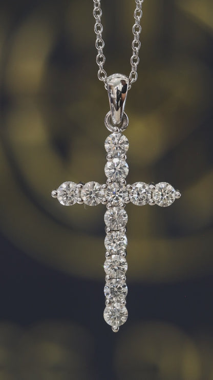 Natural Diamond Classic Cross Necklace In White Gold | Round Diamond Prong Set Cross