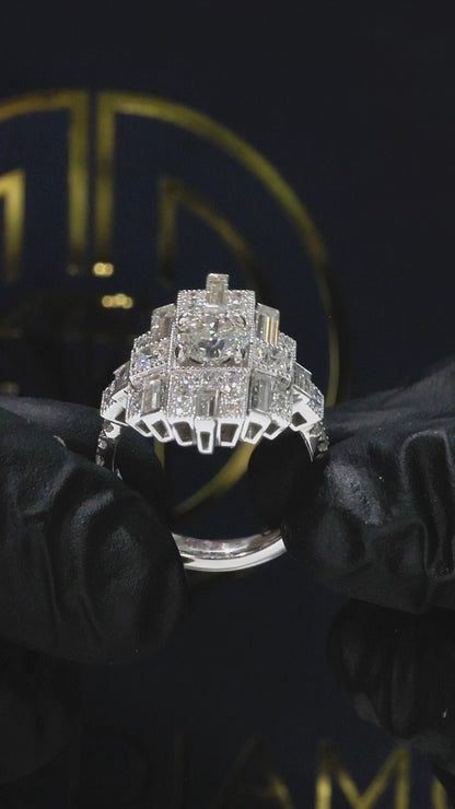 Natural Diamond Cross-Style Halo Engagement Ring in White Gold | Architectural Luxury Design