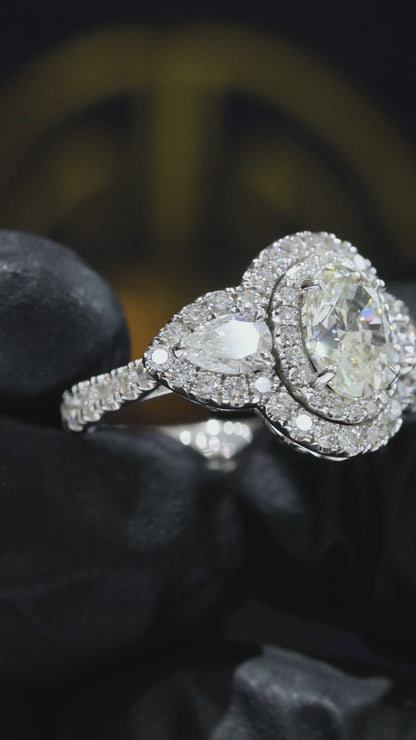 GIA Certified Natural Diamond Halo Engagement Ring with Pear Accent in White Gold | Luxury Double Halo Design