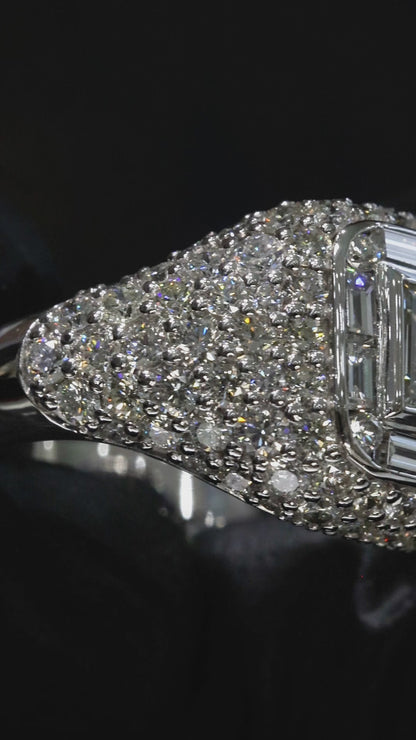 Emerald-Cut Diamond Pavé Halo Engagement Ring in White Gold | Bold Luxury Statement Design