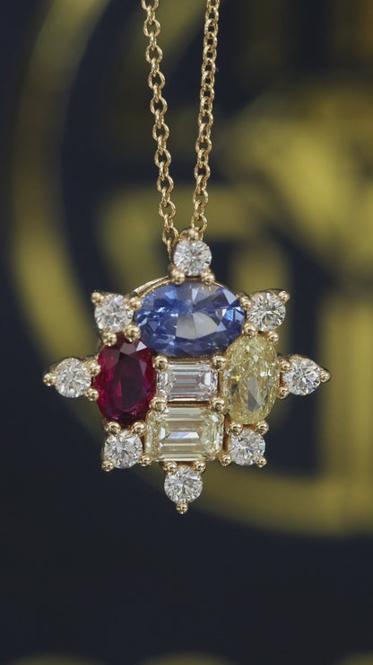 Natural Multi-Gemstone & Diamond Cluster Pendant Necklace in 14K Yellow Gold | Sapphire, Ruby & Fancy Yellow Diamond Design